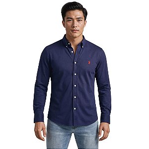Camisa Ralph Lauren Manga Longa Linha Oxford Marinho Logo Clássico Vermelho