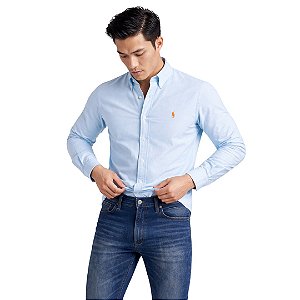 Camisa Ralph Lauren Manga Longa Linha Oxford Azul Claro Logo Clássico Rosa