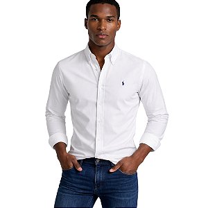 Camisa Ralph Lauren Manga Longa Linha Oxford Branco Logo Clássico Marinho