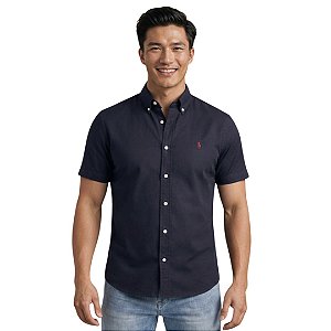 Camisa Ralph Lauren Manga Curta Linha Oxford Preto Logo Clássico Vermelho
