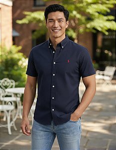 Camisa Ralph Lauren Manga Curta Linha Oxford Preto Logo Clássico Vermelho