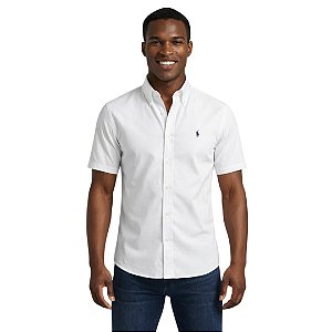 Camisa Ralph Lauren Manga Curta Linha Oxford Branco Logo Clássico Marinho