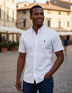 Camisa Ralph Lauren Manga Curta Linha Oxford Branco Logo Clássico Marinho