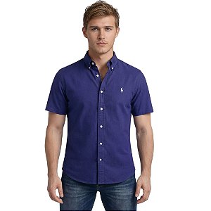 Camisa Ralph Lauren Manga Curta Linha Oxford Marinho Logo Clássico Branco