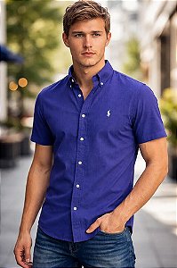Camisa Ralph Lauren Manga Curta Linha Oxford Marinho Logo Clássico Branco