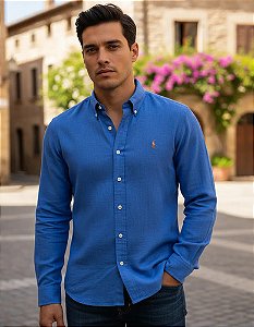 Camisa Ralph Lauren Manga Longa Oxford Tinturada Azul Logo Colorido