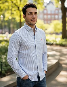 Camisa Ralph Lauren Listrado Manga Longa Azul Claro Logo Clássico Rosa