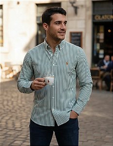 Camisa Ralph Lauren Listrado Manga Longa Verde Logo Clássico Laranja