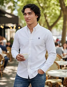 Camisa Social Ralph Lauren Tricoline Manga Longa Branco Logo Clássico Marinho