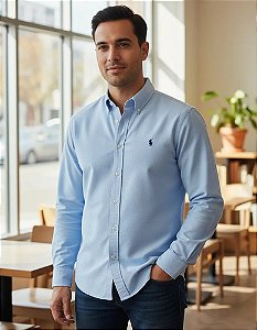 Camisa Social Ralph Lauren Tricoline Manga Longa Azul Claro Logo Clássico Marinho