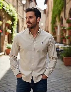 Camisa Social Ralph Lauren Tricoline Manga Longa Bege Logo Clássico Marinho