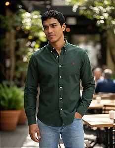 Camisa Social Ralph Lauren Tricoline Manga Longa Verde Militar Logo Clássico Vermelho