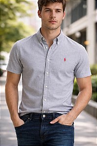 Camisa Ralph Lauren Manga Curta Linha Oxford Chumbo Logo Clássico Vermelho