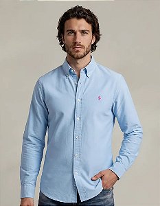 Camisa Ralph Lauren Oxford Manga Longa Azul Claro Logo Clássico Rosa