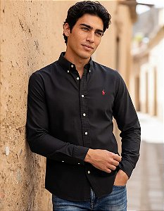Camisa Ralph Lauren Oxford Manga Longa Preto Logo Clássico Vermelho