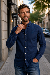 Camisa Ralph Lauren Oxford Manga Longa Marinho Logo Clássico Vermelho