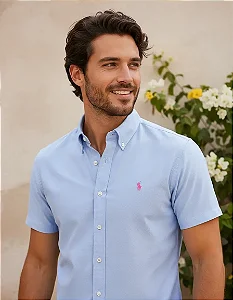 Camisa Ralph Lauren Oxford Manga Curta Azul Claro Logo Clássico Rosa
