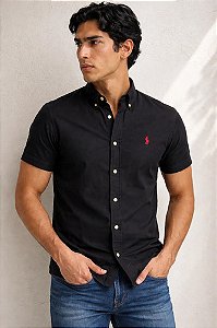 Camisa Ralph Lauren Oxford Manga Curta Preto Logo Clássico Vermelho