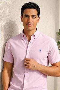 Camisa Ralph Lauren Oxford Manga Curta Rosa Claro Logo Clássico Celeste