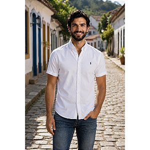 Camisa Ralph Lauren Oxford Manga Curta Branco Logo Clássico Marinho