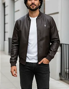 Jaqueta Ralph Lauren Marrom Couro PU Logo Clássico