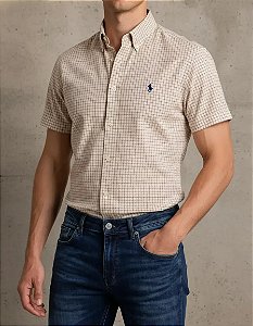 Camisa Ralph Lauren Quadriculada Manga Curta Bege Logo Clássico Marinho