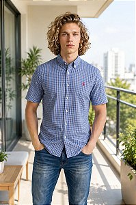 Camisa Ralph Lauren Xadrez Manga Curta Azul Claro Logo Clássico Rosa Pink