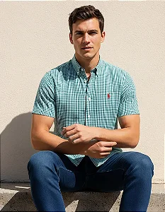 Camisa Ralph Lauren  Listrado Manga Curta Verde Logo Clássico Vermelho