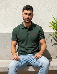 Polo Ralph Lauren Verde Musgo Logo Clássico Vermelho