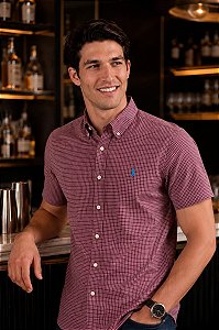 Camisa Ralph Lauren Xadrez Manga Curta Bordo Listra Branco Logo Clássico Celeste