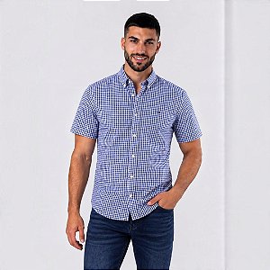 Camisa Tommy Hilfiger Manga Curta Oxford Xadrez Azul Royal Regular Fit