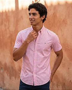 Camisa Tommy Hilfiger Manga Curta Oxford Xadrez Rosa Claro Regular Fit
