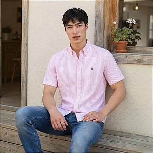 Camisa Tommy Hilfiger Manga Curta Oxford Listrado Rosa Claro Regular Fit