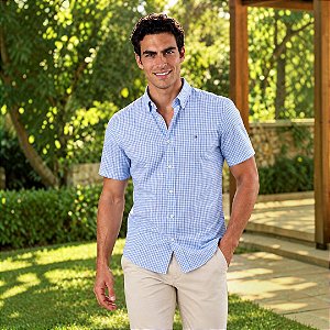 Camisa Tommy Hilfiger Manga Curta Oxford Xadrez Azul Claro Regular Fit