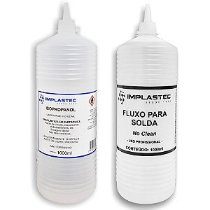 Alcool Isopropilico 1 Litro + Fluxo Solda Liquido Implastec Original (Isopropanol) com 99,8% de pureza