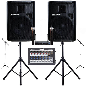 Kit igreja caixas datrel 12 500w + mesa de som + mic sem fio