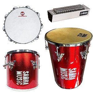 Kit Percussão Music cereja Pandeiro Repique Rebolo Reco