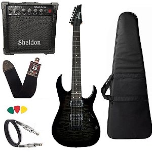 Kit Guitarra 7 cordas Ibanez Grg 7221qa preto + Amplificador