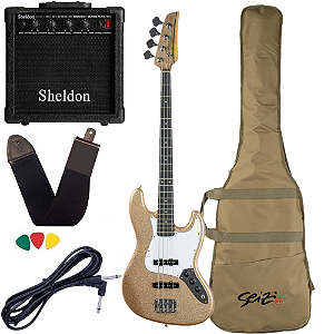Kit Baixo Seizi Fun Jazu (Jb) 4 Desert Gold Sparkle Dourada + Amplificador