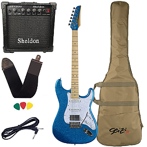 Kit Guitarra Seizi Fun Katana Musashi Hss Royal Blue Sparkle Azul Amplificador