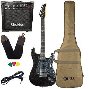 Kit Guitarra Seizi Fun Katana Musashi Hss Black Sparkle Preta Amplificador