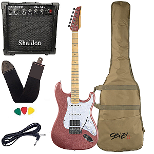 Kit Guitarra Seizi Fun Katana Musashi Hss Rose Gold Sparkle Amplificador