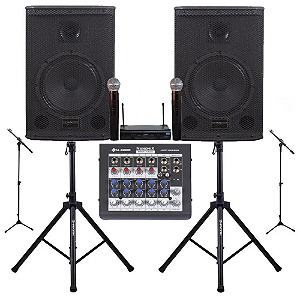 Kit Caixa de som igreja Donner 8" Mesa pedestais 2 microfones sem fio