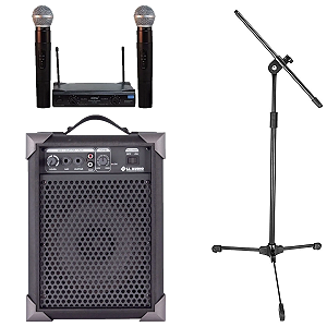 Kit Cantor Microfone duplo sem fio + Pedestal  + Caixa Amplificada
