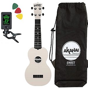 Ukulele Ghost branco Akahai soprano afinador capa palhetas