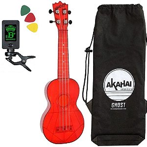 Ukulele Ghost Akahai transparente vermelho Soprano afinador bag palhetas