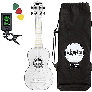 Ukulele Ghost transparente Akahai afinador capa palhetas