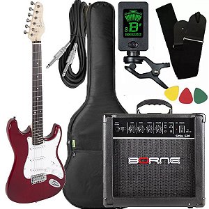 Kit Guitarra Giannini G100 Vermelho Cubo Borne Afinador