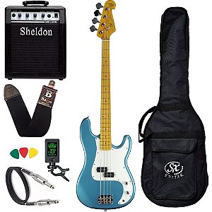 Kit Baixo Sx Spb57 Azul Precision 4 cordas Amplificador