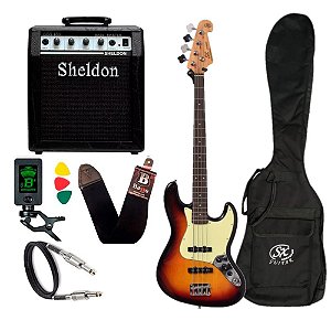 Kit Baixo Sx Jazz Bass 4 Cordas Sjb62 Sunburst Amplificador Sheldon